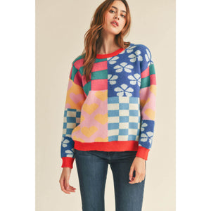 Multi-Pattern Patch Sweater blue front | MILK MONEY milkmoney.co | cute sweaters for women, cute knit sweaters, cute pullover sweaters