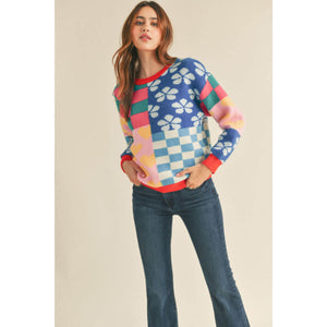 Multi-Pattern Patch Sweater blue front | MILK MONEY milkmoney.co | cute sweaters for women, cute knit sweaters, cute pullover sweaters