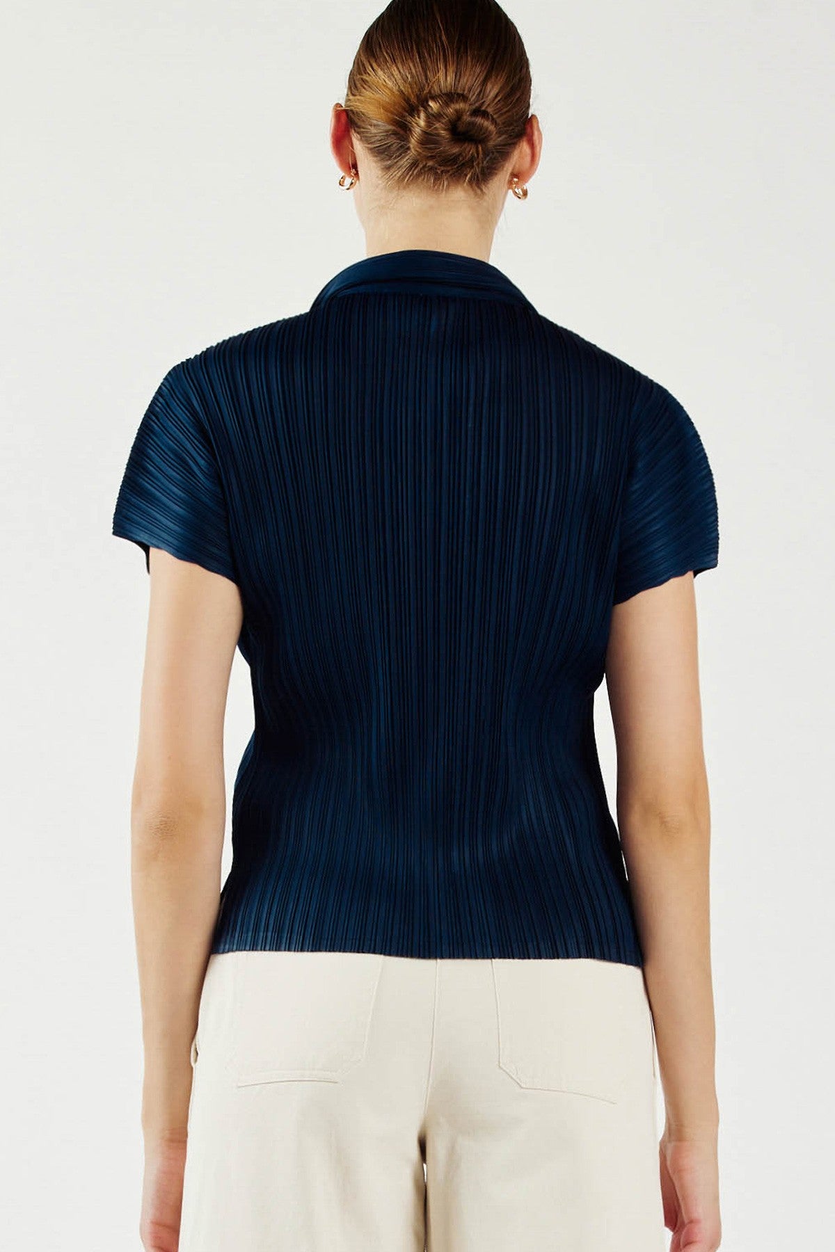 Navy Pleated Button-Down Top
