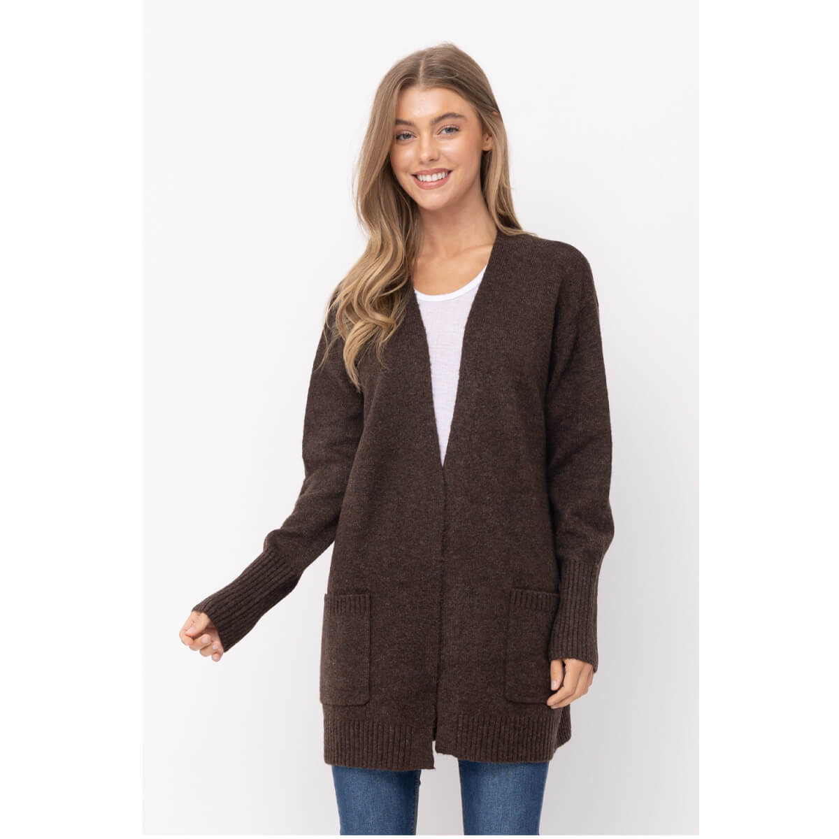 Open Front Long Cardigan brown front | MILK MONEY milkmoney.co | cute clothes for women. womens online clothing. trendy online clothing stores. womens casual clothing online. trendy clothes online. trendy women's clothing online. ladies online clothing stores. trendy women's clothing stores. cute female clothes.