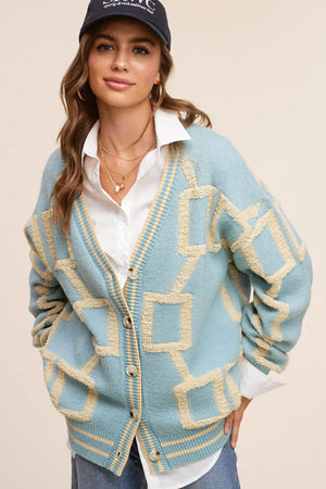 Oversized Geo Button Down Cardigan blue front | MILK MONEY milkmoney.co | cute clothes for women. womens online clothing. trendy online clothing stores. womens casual clothing online. trendy clothes online. trendy women's clothing online. ladies online clothing stores. trendy women's clothing stores. cute female clothes.