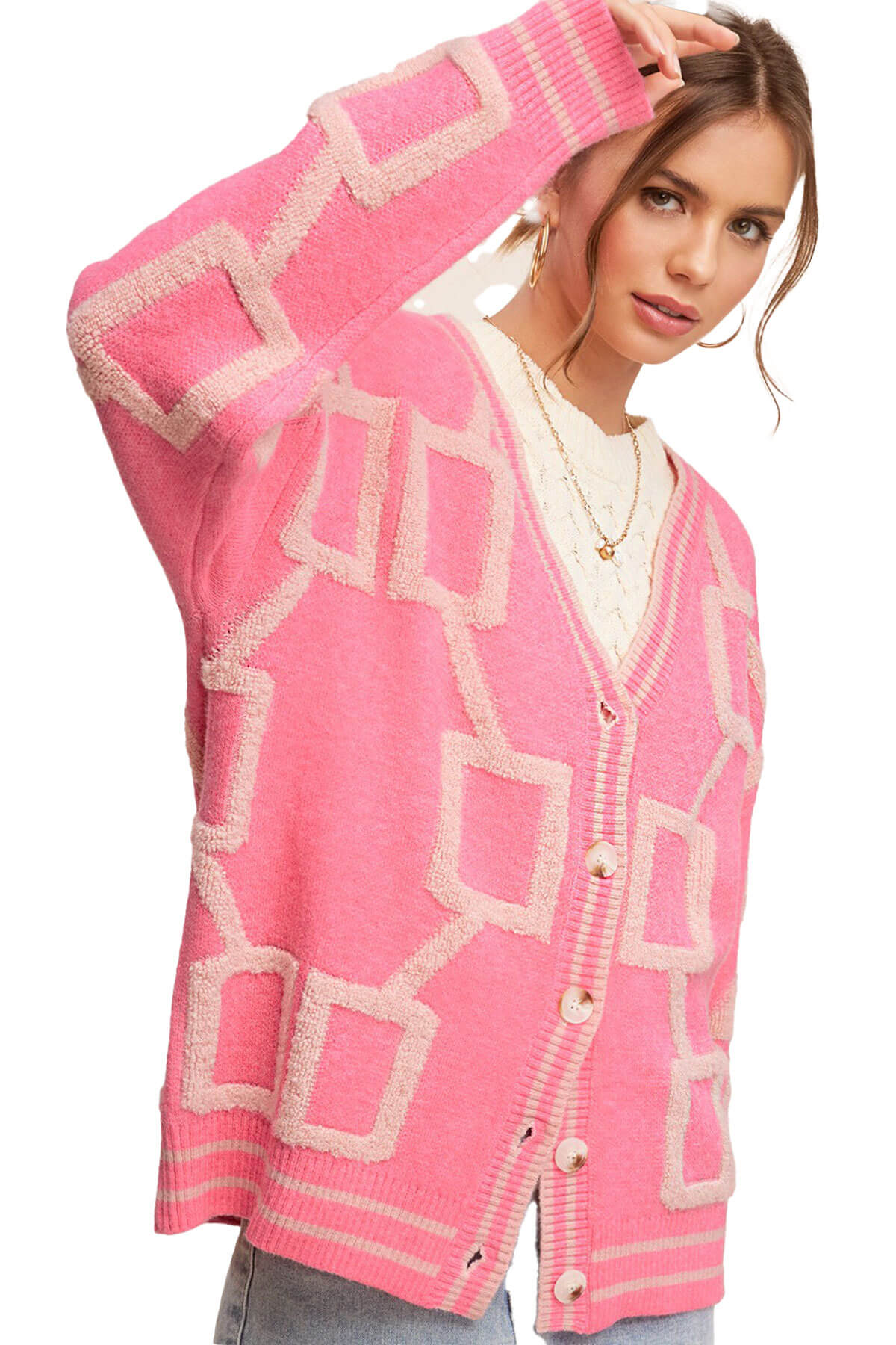 Oversized Geo Button Down Cardigan pink front | MILK MONEY milkmoney.co | cute clothes for women. womens online clothing. trendy online clothing stores. womens casual clothing online. trendy clothes online. trendy women's clothing online. ladies online clothing stores. trendy women's clothing stores. cute female clothes.