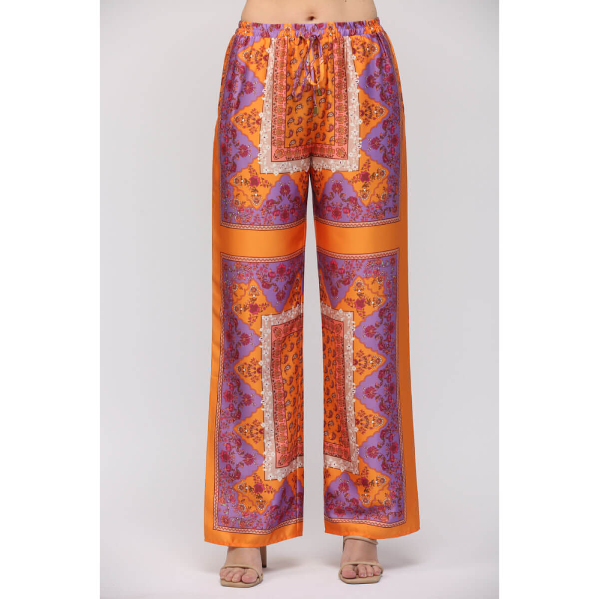 Paisley Handkerchief Print Wide Leg Pants  front orange | MILK MONEY milkmoney.co | cute pants for women. cute trendy pants. 