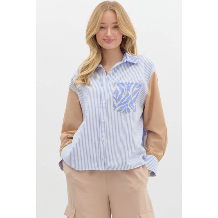 Pattern Block Button Down Blouse blue front | MILK MONEY milkmoney.co | cute tops for women. trendy tops for women. cute blouses for women. stylish tops for women. pretty womens tops. 
