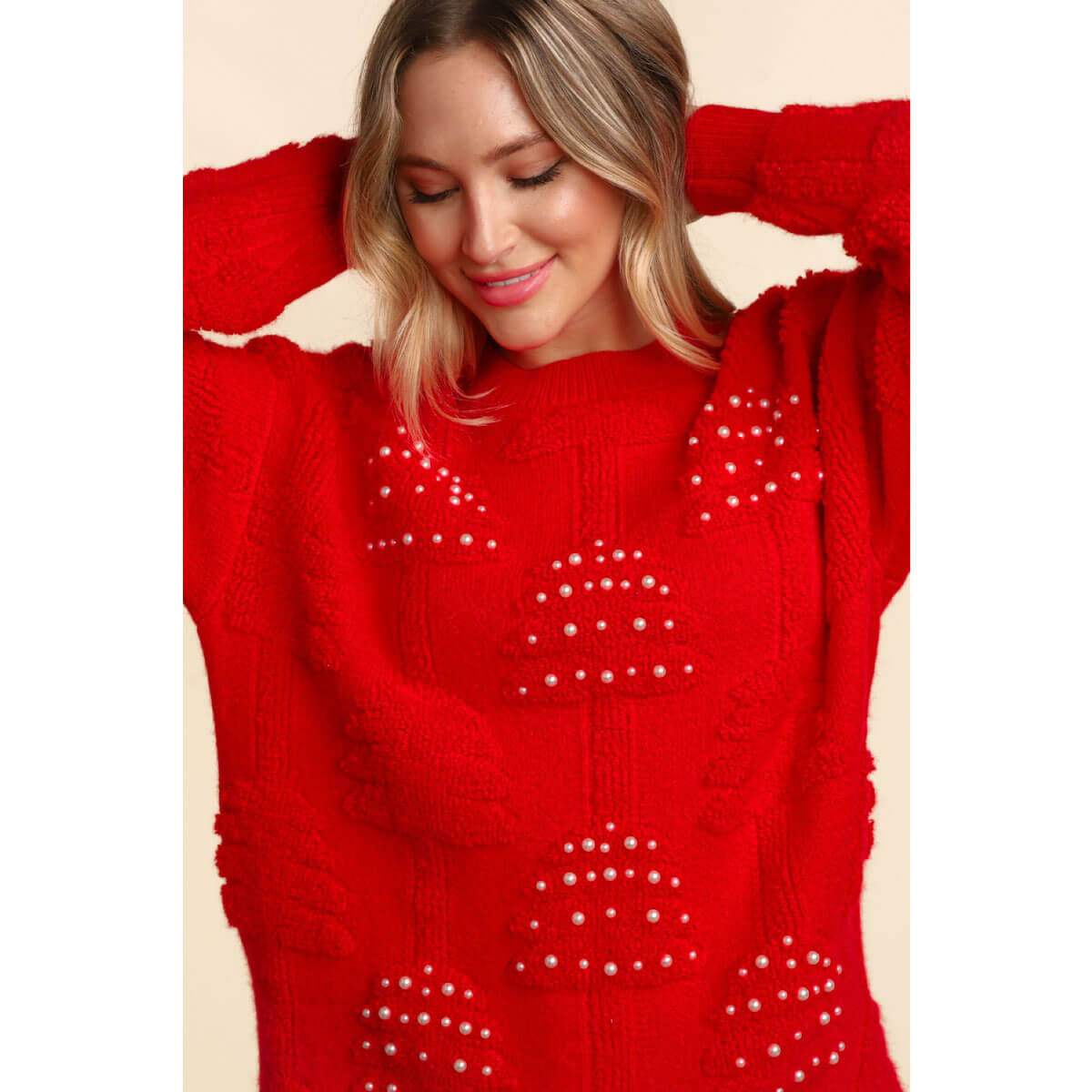 Pearl Holiday Tree Oversized Sweater red front | MILK MONEY milkmoney.co | cute tops for women. trendy tops for women. cute blouses for women. stylish tops for women. pretty womens tops.