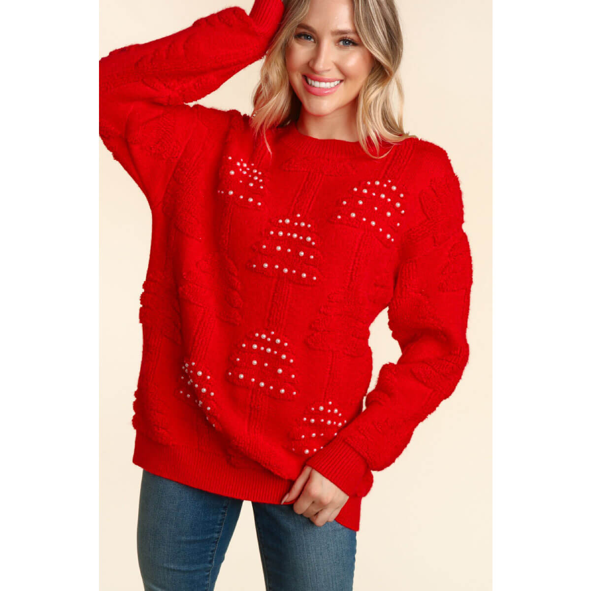 Pearl Holiday Tree Oversized Sweater red front | MILK MONEY milkmoney.co | cute tops for women. trendy tops for women. cute blouses for women. stylish tops for women. pretty womens tops. 