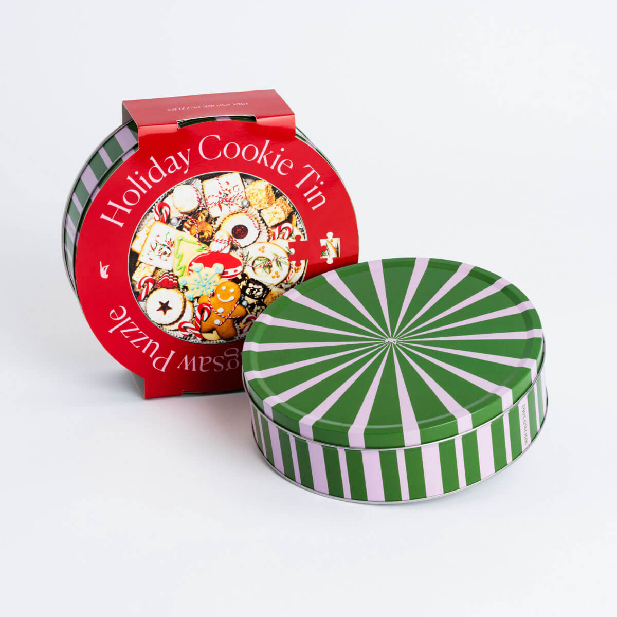 Piecework Puzzle Holiday Cookie Tin Jigsaw Puzzle front | MILK MONEY milkmoney.co | white elephant gift ideas, gift, mother's day gift ideas, white elephant gift, gift shops near me