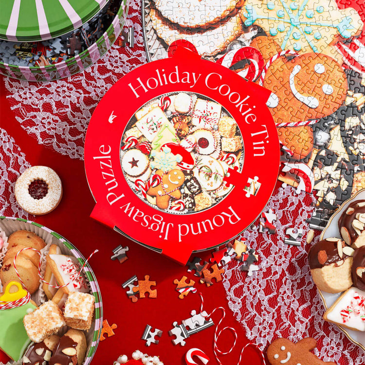 Piecework Puzzle Holiday Cookie Tin Jigsaw Puzzle front | MILK MONEY milkmoney.co | white elephant gift ideas, gift, mother's day gift ideas, white elephant gift, gift shops near me