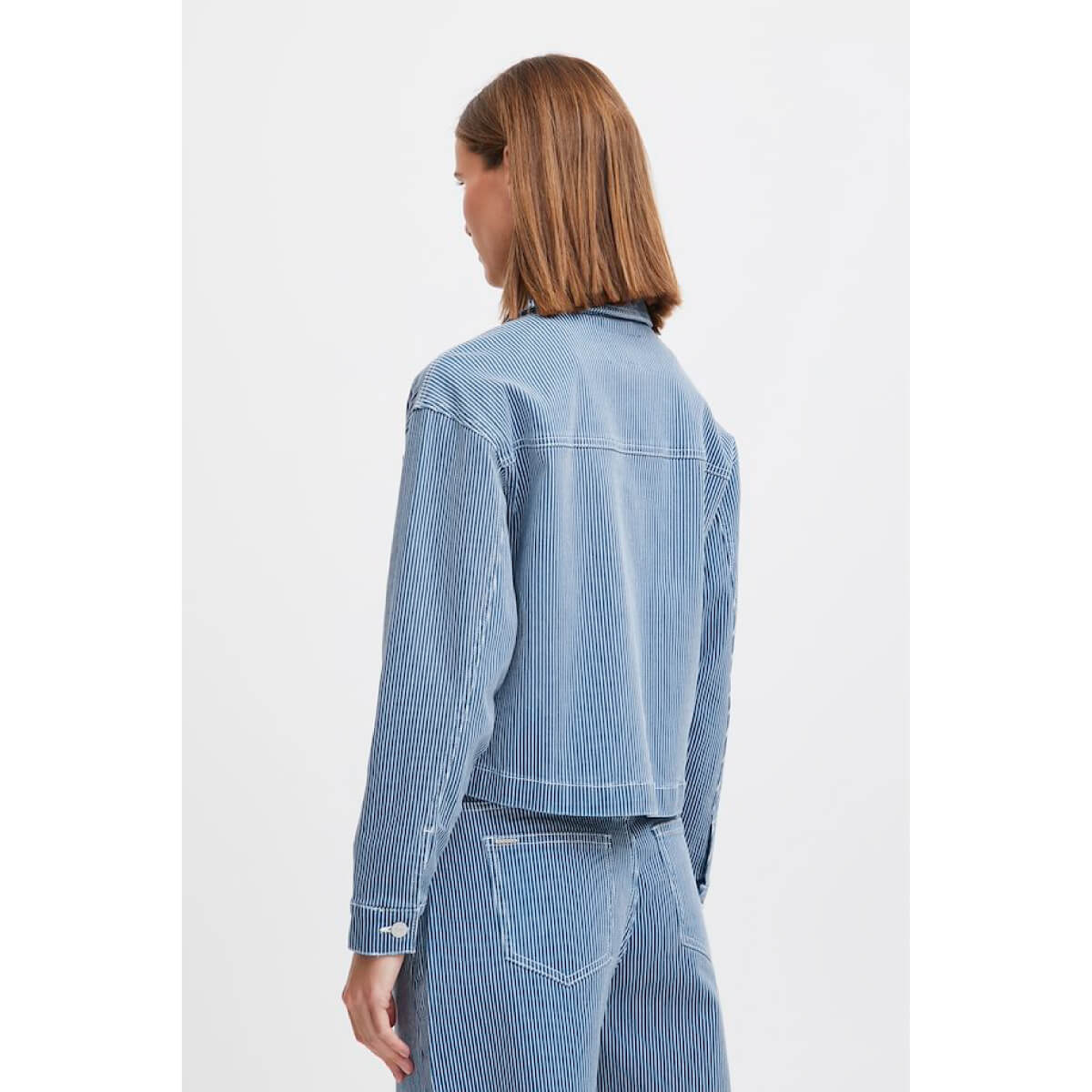 Pinstriped Denim Shirt Jacket blue back | MILK MONEY milkmoney.co | cute jackets for women. cute coats. cool jackets for women. stylish jackets for women. trendy jackets for women. trendy womens coats.