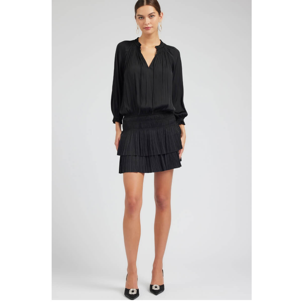 Pleated 3-Quarter Sleeve Mini Dress black front | MILK MONEY milkmoney.co | cute clothes for women. womens online clothing. trendy online clothing stores. womens casual clothing online. trendy clothes online. trendy women's clothing online. ladies online clothing stores. trendy women's clothing stores. cute female clothes.
