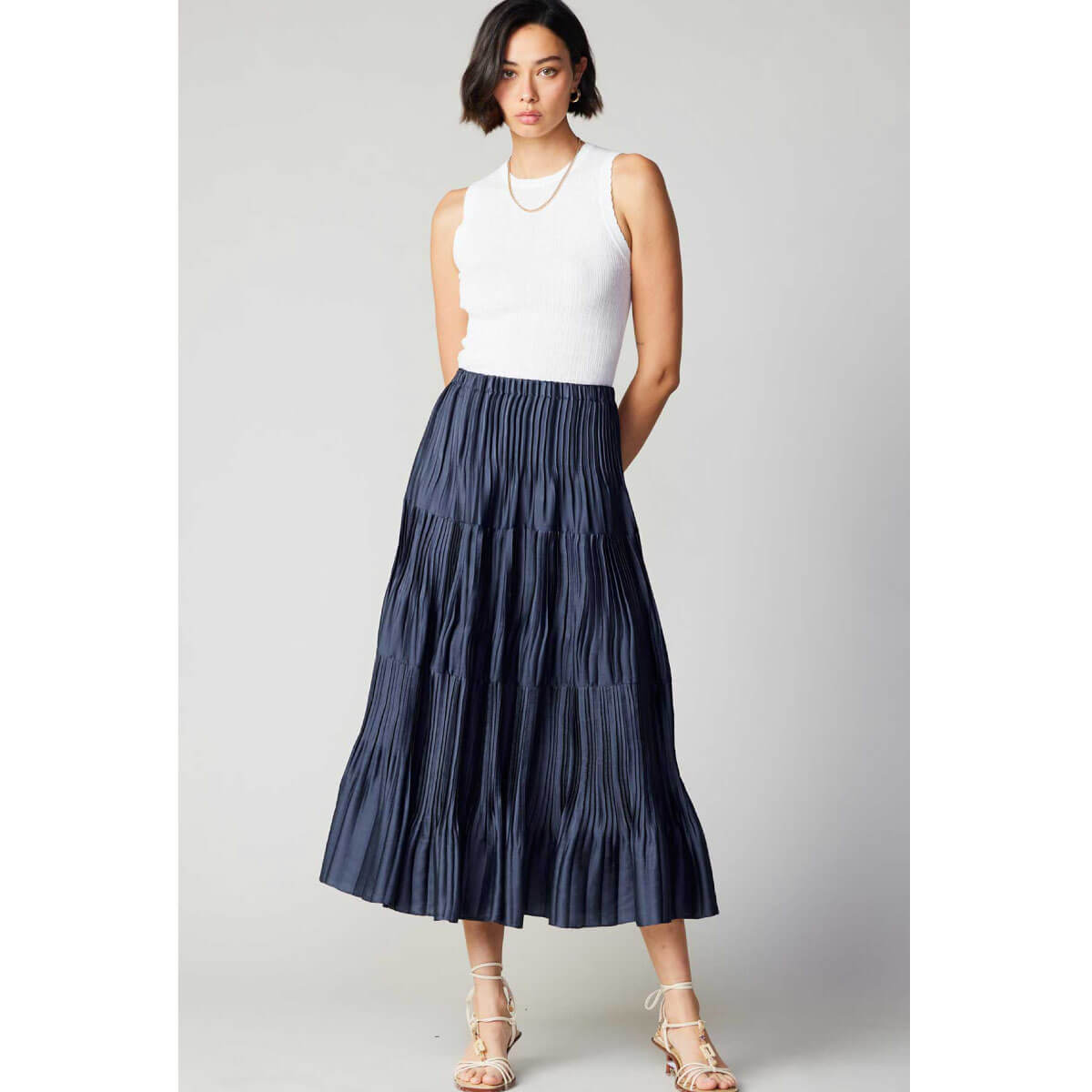 Pleated 3-Tiered Long Skirt navy front  | MILK MONEY milkmoney.co | cute clothes for women. womens online clothing. trendy online clothing stores. womens casual clothing online. trendy clothes online. trendy women's clothing online. ladies online clothing stores. trendy women's clothing stores. cute female clothes.