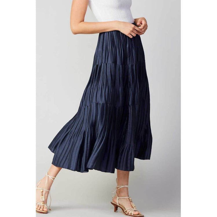 Pleated 3-Tiered Long Skirt  navy side | MILK MONEY milkmoney.co | cute clothes for women. womens online clothing. trendy online clothing stores. womens casual clothing online. trendy clothes online. trendy women's clothing online. ladies online clothing stores. trendy women's clothing stores. cute female clothes.