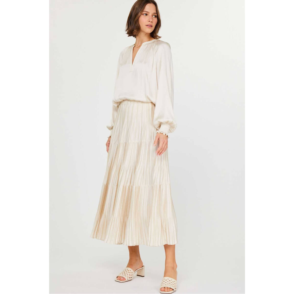 Pleated 3-Tiered Long Skirt ecru front | MILK MONEY milkmoney.co | cute clothes for women. womens online clothing. trendy online clothing stores. womens casual clothing online. trendy clothes online. trendy women's clothing online. ladies online clothing stores. trendy women's clothing stores. cute female clothes.
