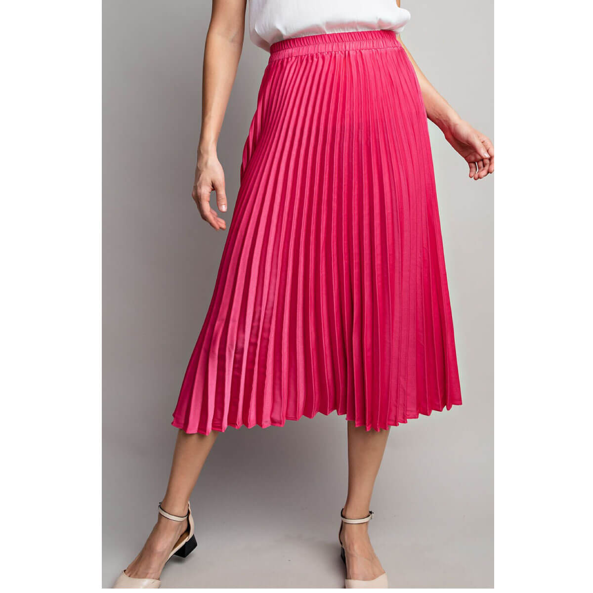 Pleated Midi Skirt pink front | MILK MONEY milkmoney.co | cute clothes for women. womens online clothing. trendy online clothing stores. womens casual clothing online. trendy clothes online. trendy women's clothing online. ladies online clothing stores. trendy women's clothing stores. cute female clothes.