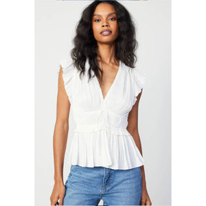 Pleated Peplum V-Neck Blouse white front | MILK MONEY milkmoney.co | cute tops for women. trendy tops for women. cute blouses for women. stylish tops for women. pretty womens tops.