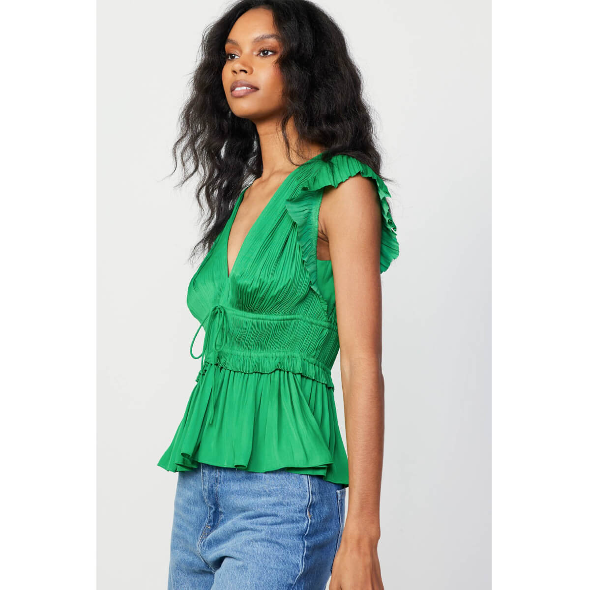 Pleated Peplum V-Neck Blouse green side | MILK MONEY milkmoney.co | cute tops for women. trendy tops for women. cute blouses for women. stylish tops for women. pretty womens tops.