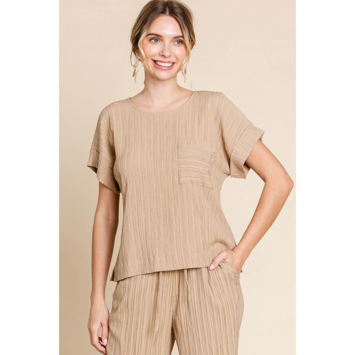 Pleated Short Sleeve Top khaki front | MILK MONEY milkmoney.co | cute clothes for women. womens online clothing. trendy online clothing stores. womens casual clothing online. trendy clothes online. trendy women's clothing online. ladies online clothing stores. trendy women's clothing stores. cute female clothes.