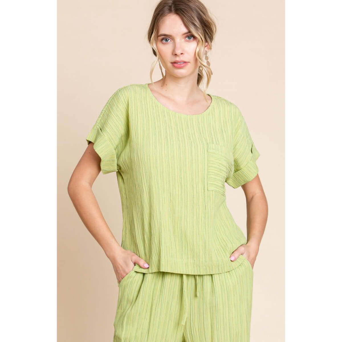 Pleated Short Sleeve Top kiwi front | MILK MONEY milkmoney.co | cute clothes for women. womens online clothing. trendy online clothing stores. womens casual clothing online. trendy clothes online. trendy women's clothing online. ladies online clothing stores. trendy women's clothing stores. cute female clothes.