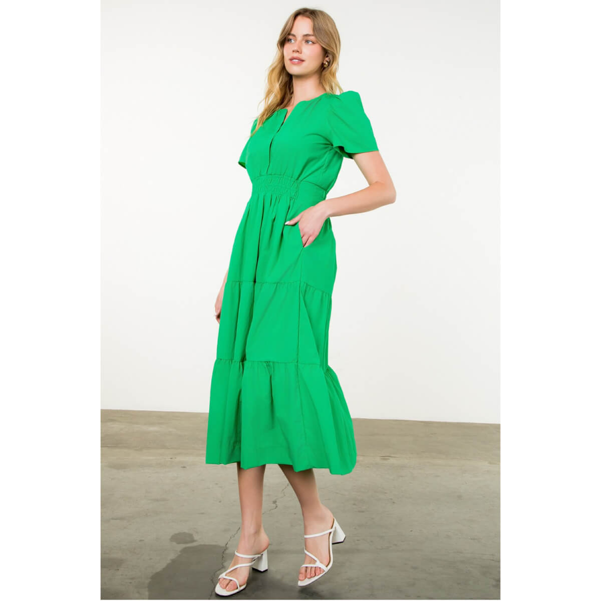 Poplin Tiered Maxi Dress green front | MILK MONEY milkmoney.co | cute clothes for women. womens online clothing. trendy online clothing stores. womens casual clothing online. trendy clothes online. trendy women's clothing online. ladies online clothing stores. trendy women's clothing stores. cute female clothes.
