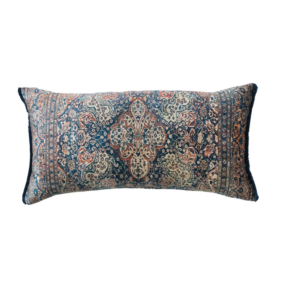 Printed Velvet Lumbar Pillow w/ Fringe front blue | MILK MONEY milkmoney.co | 	Home decor online, Modern home decor, Luxury home furnishings, Best home decor, Home accessories for sale, Living room furniture sets, Kitchen decor ideas, Wall art for home, Bathroom accessories, Vintage home decor, Minimalist home decor
