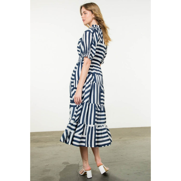 Puff Sleeve Striped Tiered Dress blue  back  | MILK MONEY milkmoney.co | cute clothes for women. womens online clothing. trendy online clothing stores. womens casual clothing online. trendy clothes online. trendy women's clothing online. ladies online clothing stores. trendy women's clothing stores. cute female clothes.
