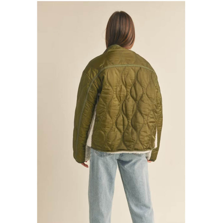 Quilted with Sherpa Detail Reversible Jacket olive back | MILK MONEY milkmoney.co | cute jackets for women. cute coats. cool jackets for women. stylish jackets for women. trendy jackets for women. trendy womens coats.