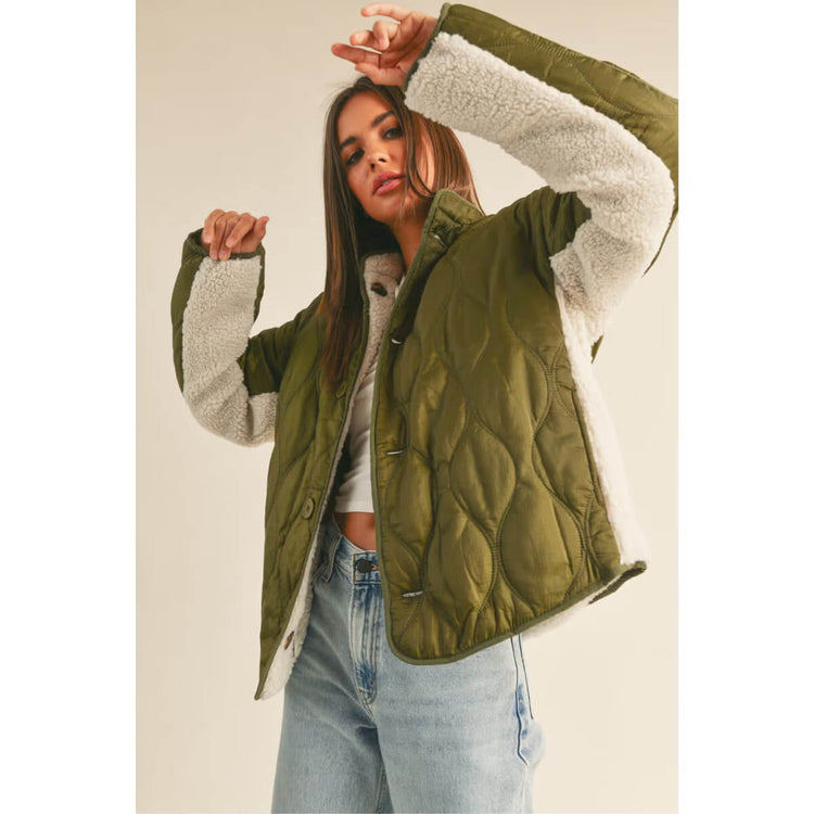 Quilted with Sherpa Detail Reversible Jacket olive front | MILK MONEY milkmoney.co | cute jackets for women. cute coats. cool jackets for women. stylish jackets for women. trendy jackets for women. trendy womens coats.