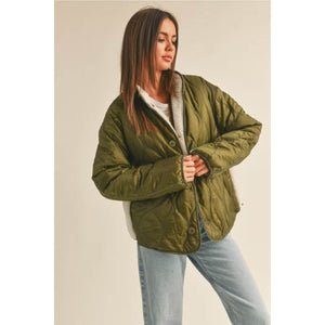 Quilted with Sherpa Detail Reversible Jacket olive front | MILK MONEY milkmoney.co | cute jackets for women. cute coats. cool jackets for women. stylish jackets for women. trendy jackets for women. trendy womens coats.