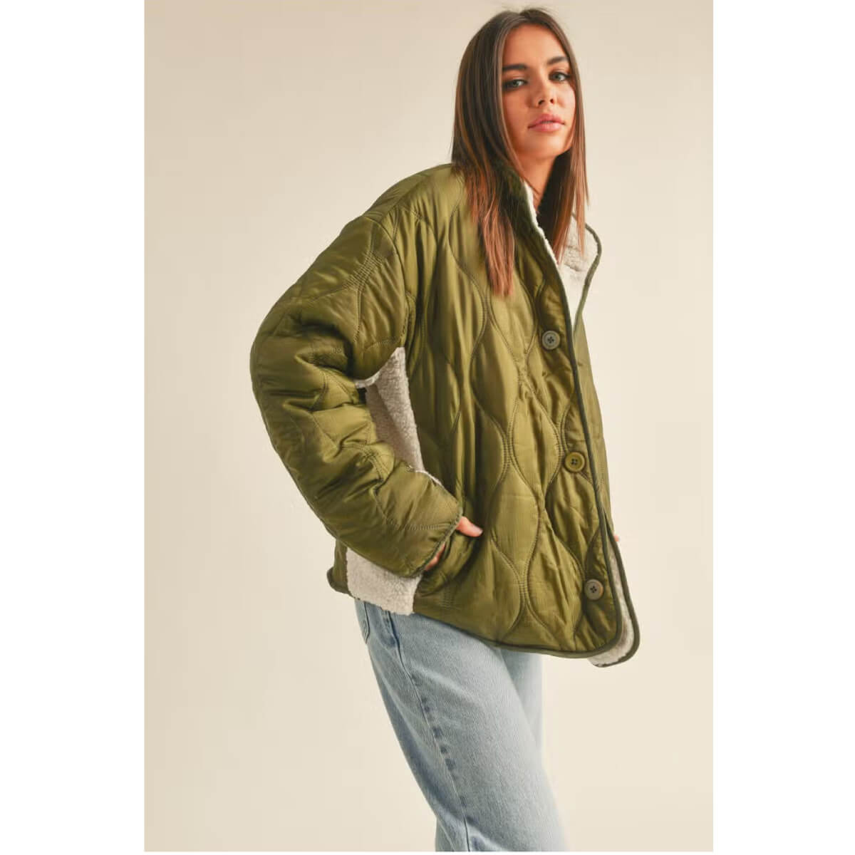 Quilted with Sherpa Detail Reversible Jacket olive side | MILK MONEY milkmoney.co | cute jackets for women. cute coats. cool jackets for women. stylish jackets for women. trendy jackets for women. trendy womens coats.