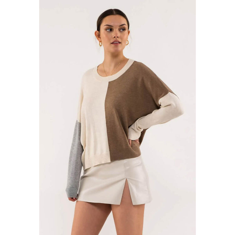 Relaxed Color Block Pullover Sweater taupe front | MILK MONEY milkmoney.co | cute tops for women. trendy tops for women. cute blouses for women. stylish tops for women. pretty womens tops. 