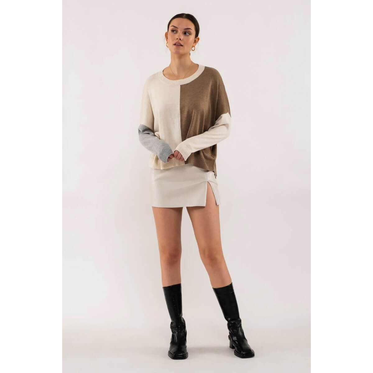 Relaxed Color Block Pullover Sweater taupe front | MILK MONEY milkmoney.co | cute tops for women. trendy tops for women. cute blouses for women. stylish tops for women. pretty womens tops.