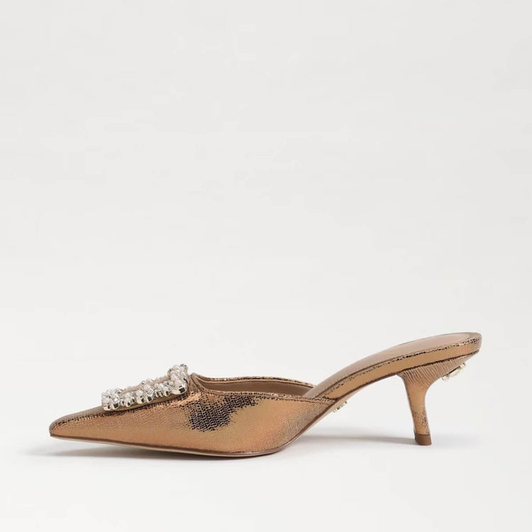 Sam Edelman Brit Luster Kitten Heel Mule gold side | MILK MONEY milkmoney.co | cute shoes for women. ladies shoes. nice shoes for women. footwear for women. ladies shoes online. ladies footwear. womens shoes and boots. pretty shoes for women. beautiful shoes for women.