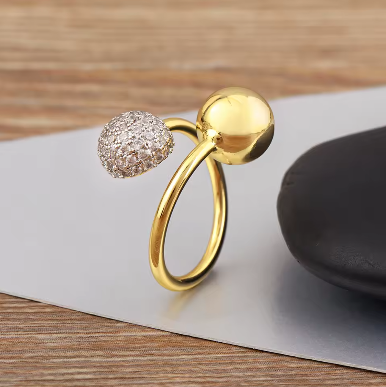Gold Dual Sphere Pavé Ring