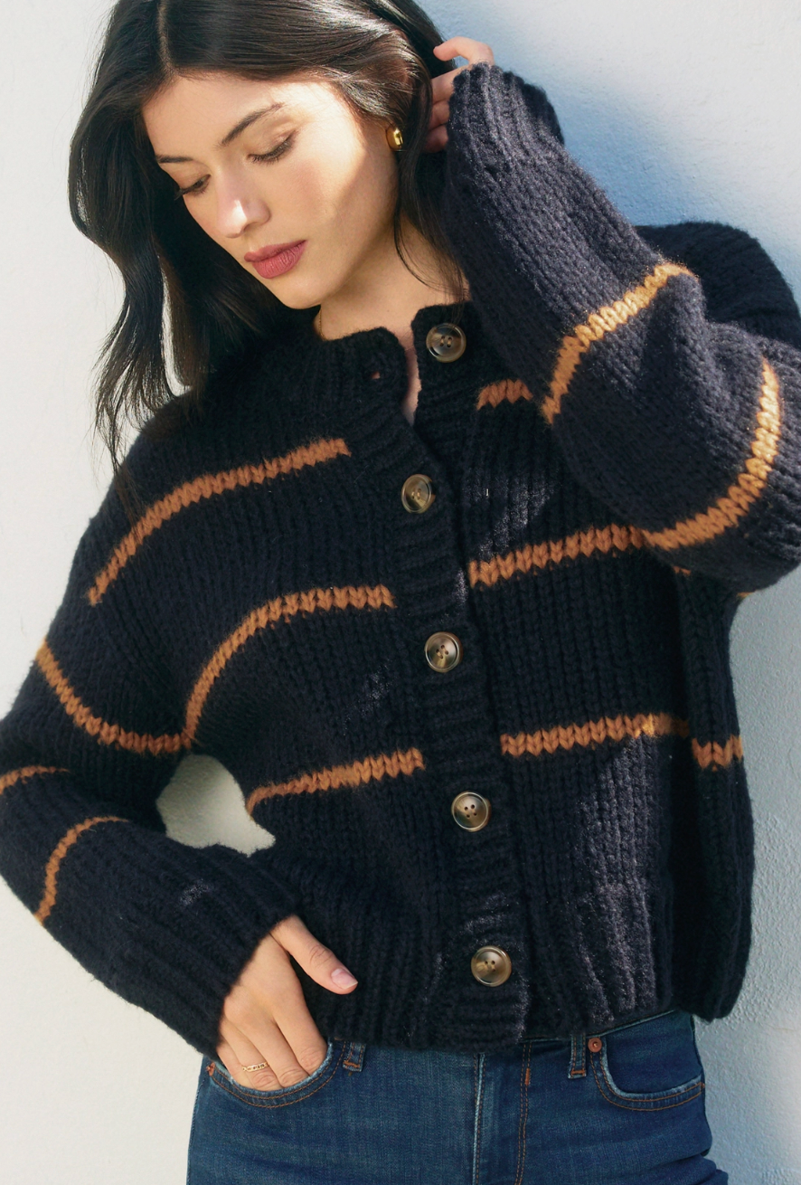 Striped Round Neck Button Knit Cardigan