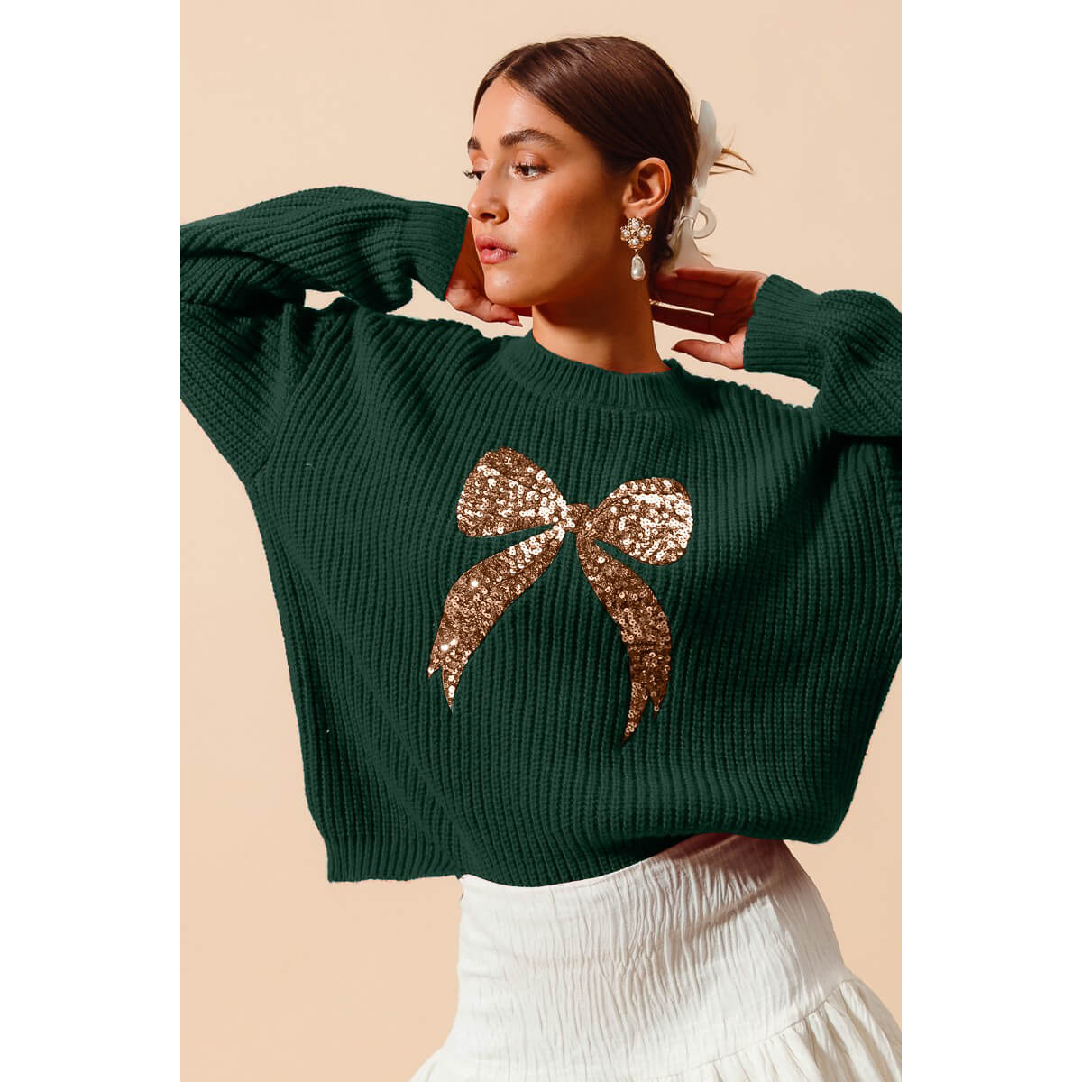 Sequins Bow Holiday Sweater  green front | MILK MONEY milkmoney.co | cute clothes for women. womens online clothing. trendy online clothing stores. womens casual clothing online. trendy clothes online. trendy women's clothing online. ladies online clothing stores. trendy women's clothing stores. cute female clothes.
