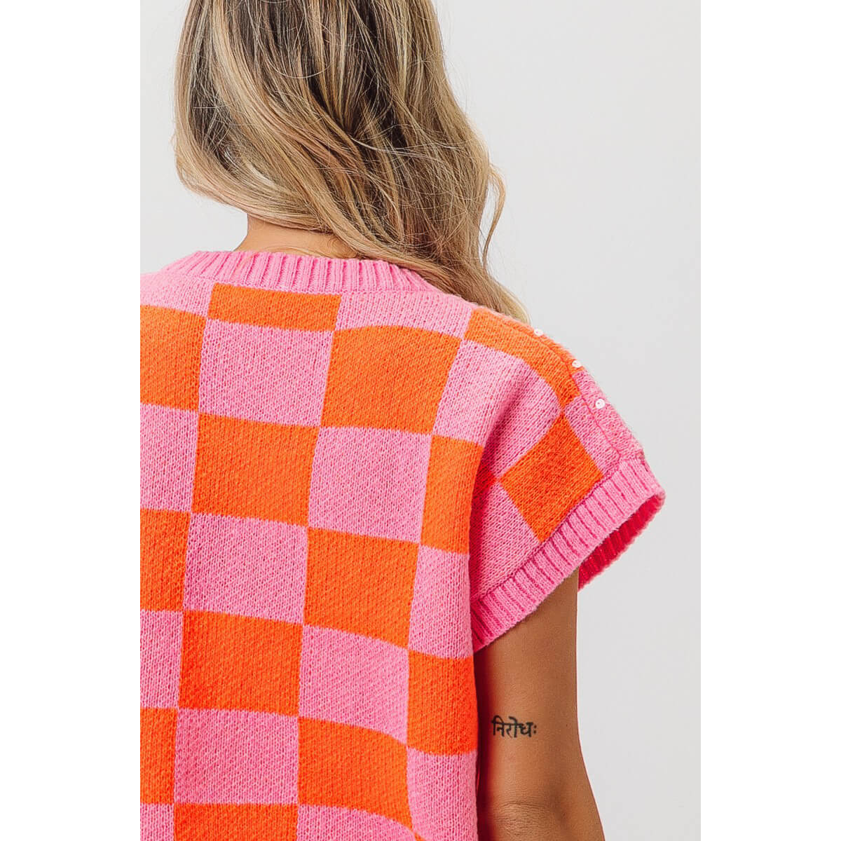 Sequins Checker Sweater Vest pink back | MILK MONEY milkmoney.co | cute tops for women. trendy tops for women. cute blouses for women. stylish tops for women. pretty womens tops.