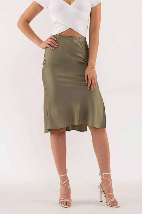 Side Slit Satin Skirt olive front | MILK MONEY milkmoney.co | cute clothes for women. womens online clothing. trendy online clothing stores. womens casual clothing online. trendy clothes online. trendy women's clothing online. ladies online clothing stores. trendy women's clothing stores. cute female clothes.