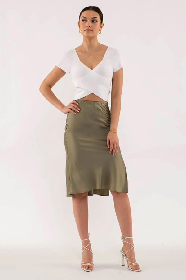 Side Slit Satin Skirt olive front | MILK MONEY milkmoney.co | cute clothes for women. womens online clothing. trendy online clothing stores. womens casual clothing online. trendy clothes online. trendy women's clothing online. ladies online clothing stores. trendy women's clothing stores. cute female clothes.