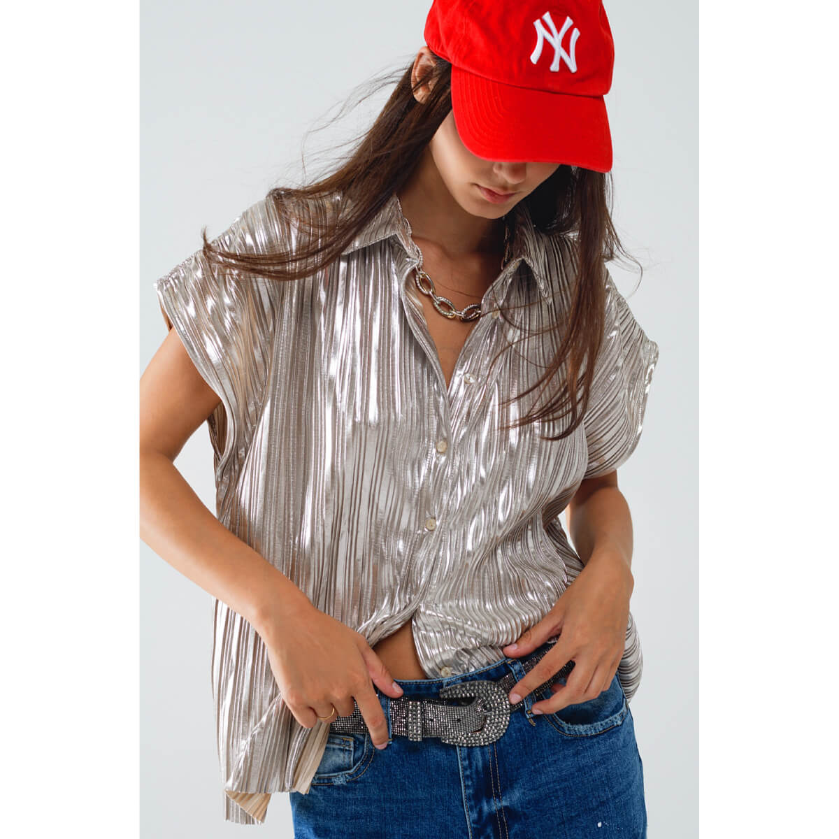 Silver Pleated Short Sleeve Shirt  front | MILK MONEY milkmoney.co | cute tops for women. trendy tops for women. cute blouses for women. stylish tops for women. pretty womens tops. 
