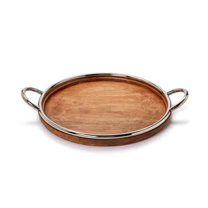 Silver Rimmed Wood Round Decorative Serving Tray front | MILK MONEY milkmoney.co | 	Home decor online, Modern home decor, Luxury home furnishings, Best home decor, Home accessories for sale, Living room furniture sets, Kitchen decor ideas, Wall art for home, Bathroom accessories, Vintage home decor, Minimalist home decor
