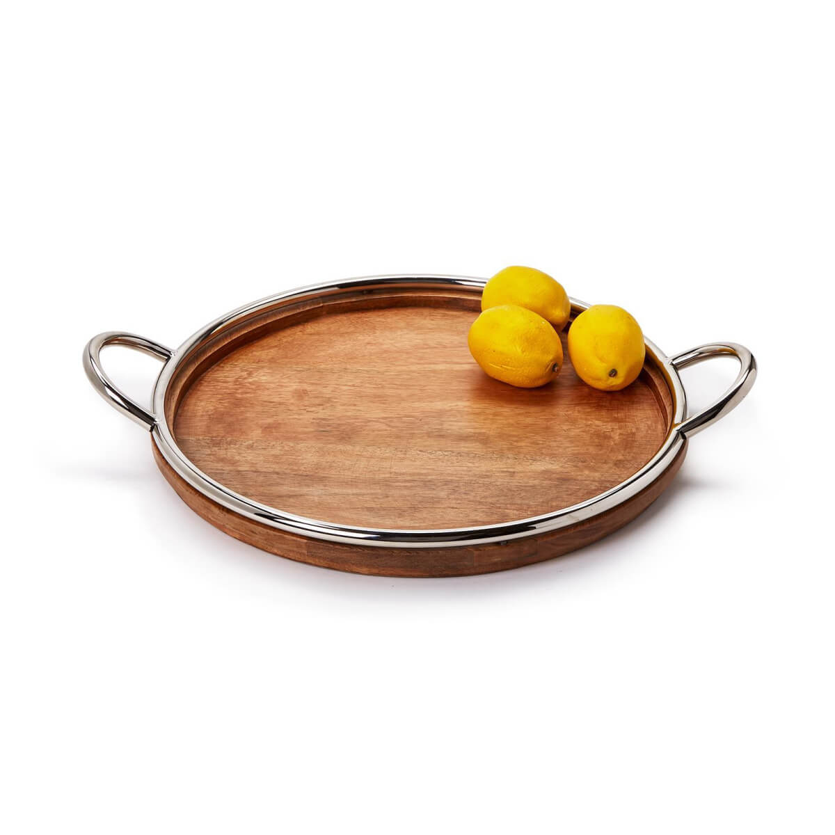 Silver Rimmed Wood Round Decorative Serving Tray front | MILK MONEY milkmoney.co | 	Home decor online, Modern home decor, Luxury home furnishings, Best home decor, Home accessories for sale, Living room furniture sets, Kitchen decor ideas, Wall art for home, Bathroom accessories, Vintage home decor, Minimalist home decor
