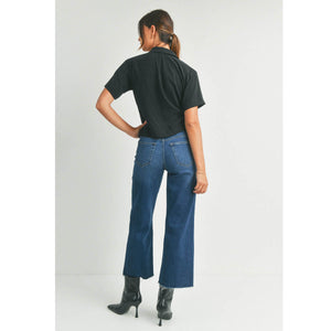 Slim Wide Leg Frayed Hem Jeans dark wash back | MILK MONEY milkmoney.co | cute clothes for women. womens online clothing. trendy online clothing stores. womens casual clothing online. trendy clothes online. trendy women's clothing online. ladies online clothing stores. trendy women's clothing stores. cute female clothes.
