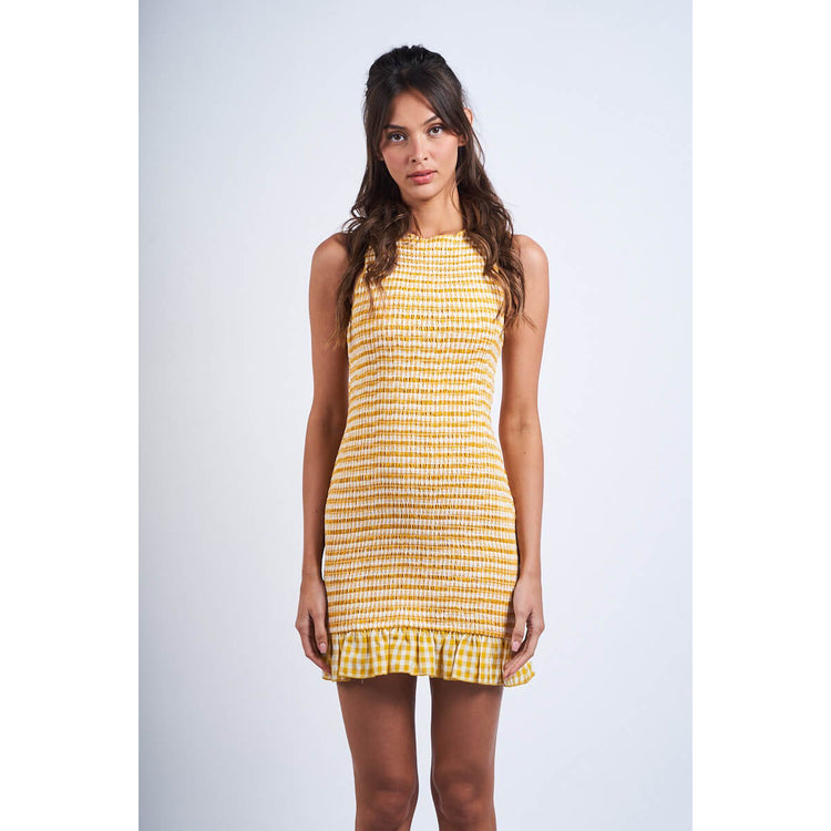 Smocked Checkered Mini Dress yellow front | MILK MONEY milkmoney.co | cute clothes for women. womens online clothing. trendy online clothing stores. womens casual clothing online. trendy clothes online. trendy women's clothing online. ladies online clothing stores. trendy women's clothing stores. cute female clothes.
