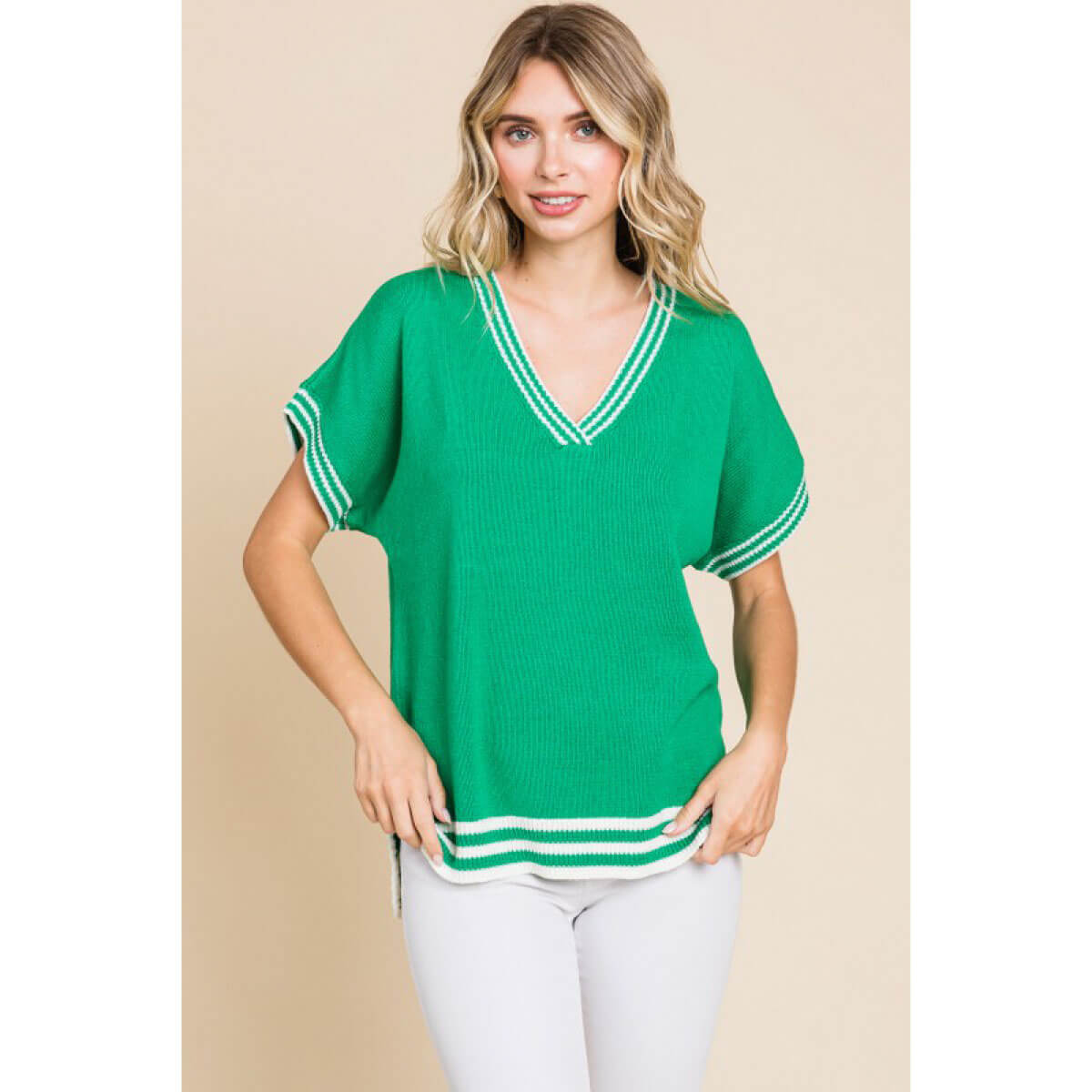 Solid Knit Top with Striped Hemline green front | MILK MONEY milkmoney.co | cute tops for women. trendy tops for women. cute blouses for women. stylish tops for women. pretty womens tops. 