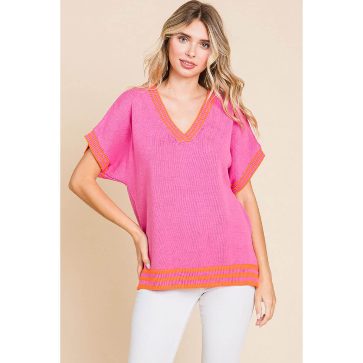Solid Knit Top with Striped Hemline pink front | MILK MONEY milkmoney.co | cute tops for women. trendy tops for women. cute blouses for women. stylish tops for women. pretty womens tops.