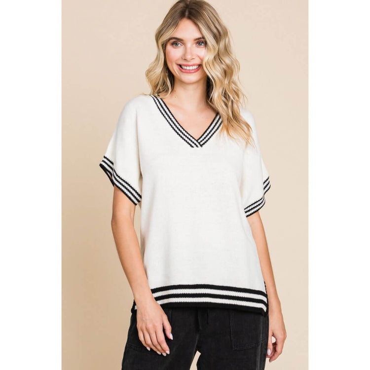 Solid Knit Top with Striped Hemline white front | MILK MONEY milkmoney.co | cute tops for women. trendy tops for women. cute blouses for women. stylish tops for women. pretty womens tops.
