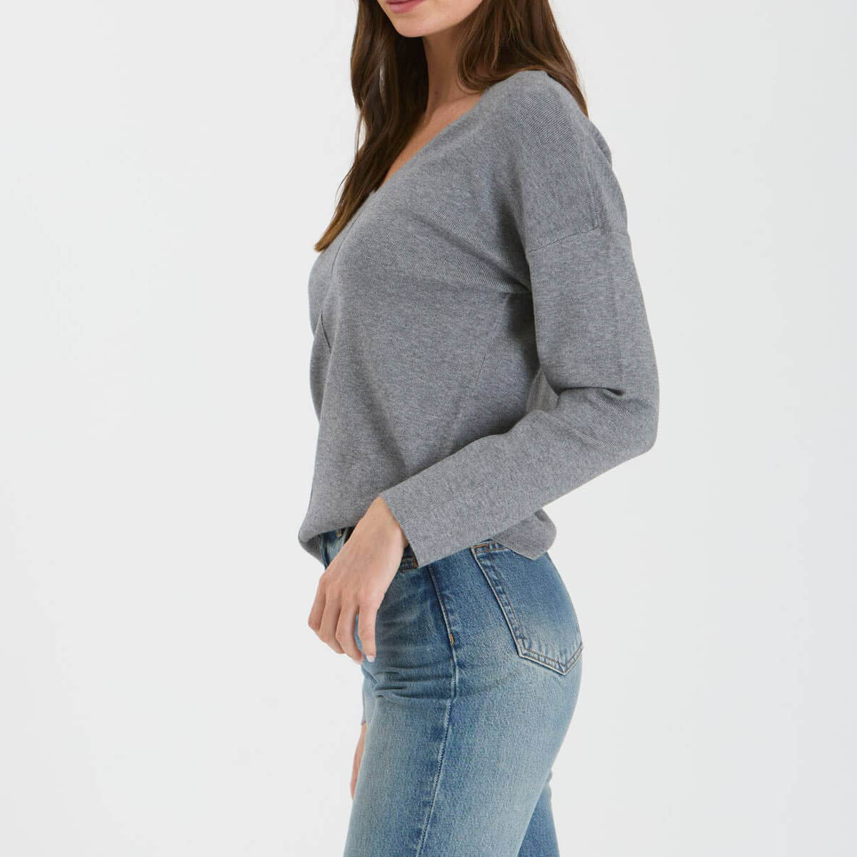 Solid V-Neck Front Seam Knit Sweater grey side | MILK MONEY milkmoney.co | cute tops for women. trendy tops for women. cute blouses for women. stylish tops for women. pretty womens tops. 
