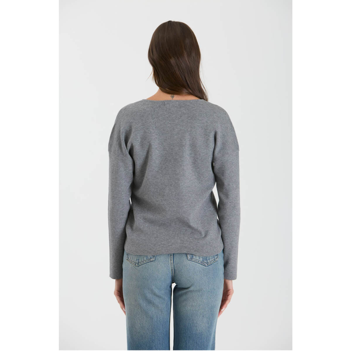 
Solid V-Neck Front Seam Knit Sweater grey back | MILK MONEY milkmoney.co | cute tops for women. trendy tops for women. cute blouses for women. stylish tops for women. pretty womens tops. 
