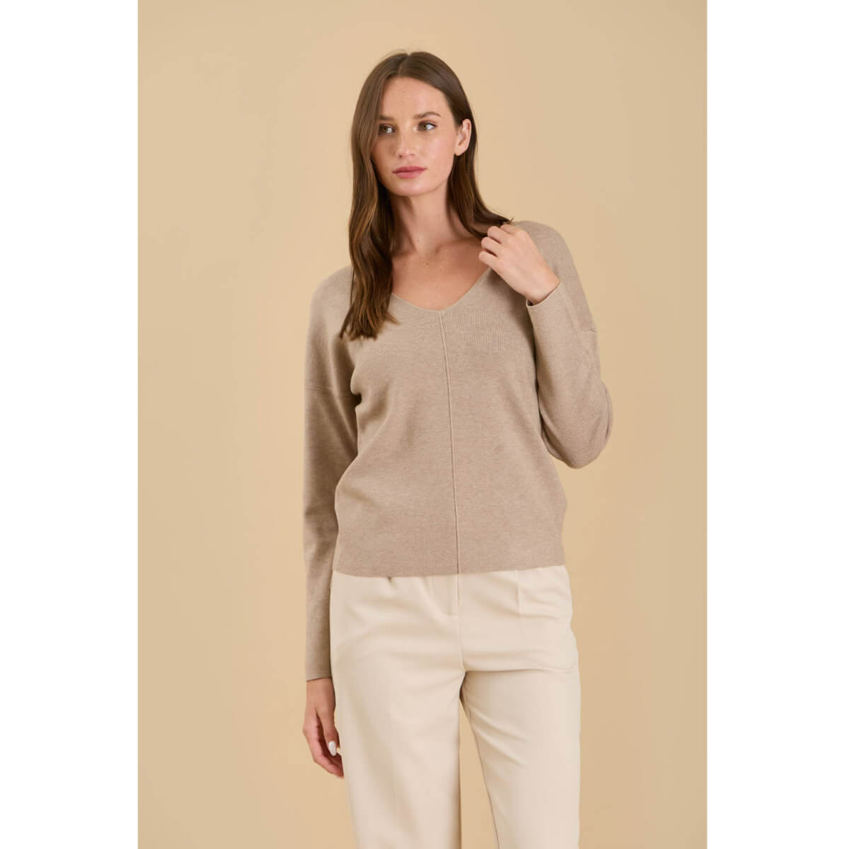 Solid V-Neck Front Seam Knit Sweater mocha front | MILK MONEY milkmoney.co | cute tops for women. trendy tops for women. cute blouses for women. stylish tops for women. pretty womens tops. 
