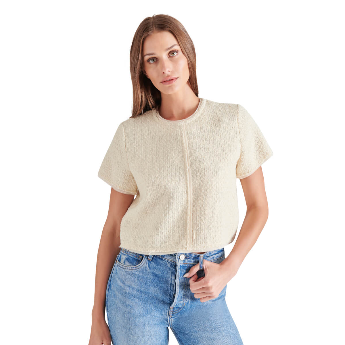 Steve Madden Addie Tweed Short Sleeve Top cream front | MILK MONEY milkmoney.co | cute tops for women. trendy tops for women. cute blouses for women. stylish tops for women. pretty womens tops. 
